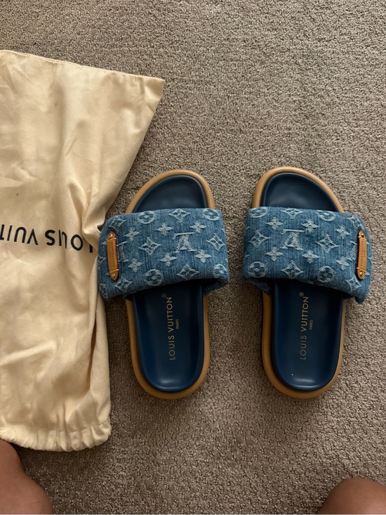 Louis Vuitton Shoes - Louis Vuitton Denim Monogram Slide Sandals in Blue and Tan